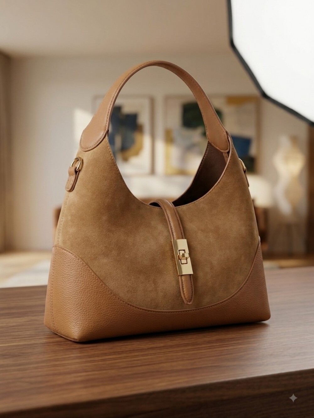 Dual Texture Leather Crescent Bag - Shoulder Purse with Crossbody Strap